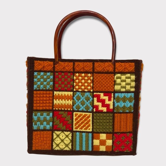 SOLD Vintage 70s Needlepoint Stitch Knit Crochet Granny Squares Tote bag - Picture 2 of 6